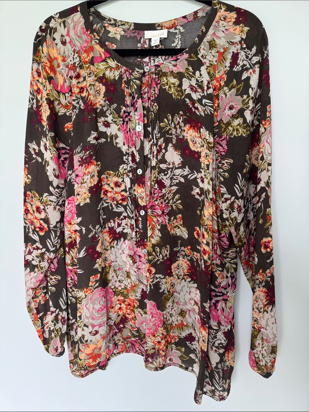 J. Jill Brown Floral Pintuck Button-Front Tunic